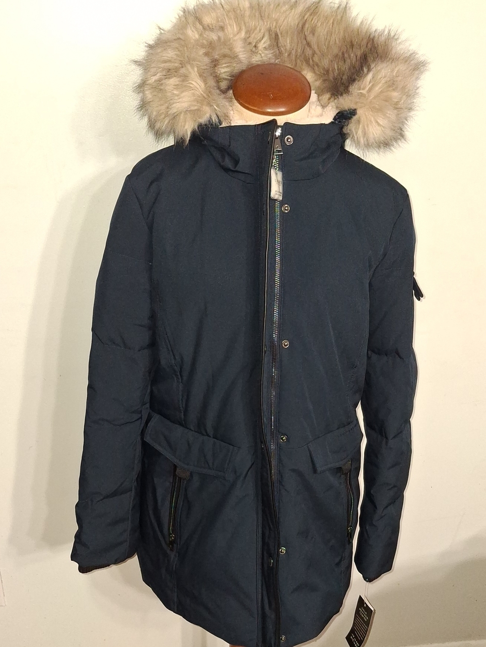 Ralph Lauren/ Navy Puffer Parka with Faux Fur Hood- W Sz Large - Picture 1 of 14